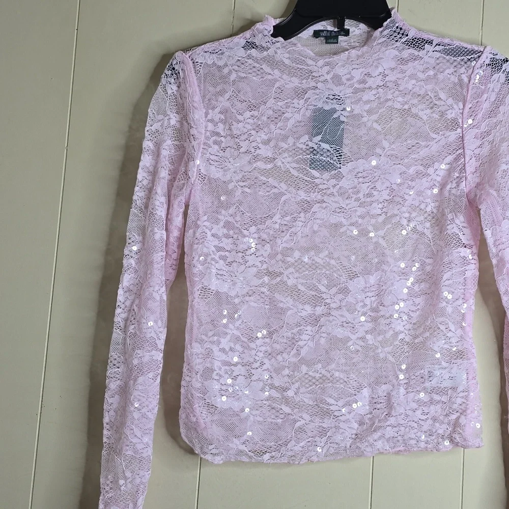 Women's Long Sleeve Pink Lace Squin   Top Small Wild Fable